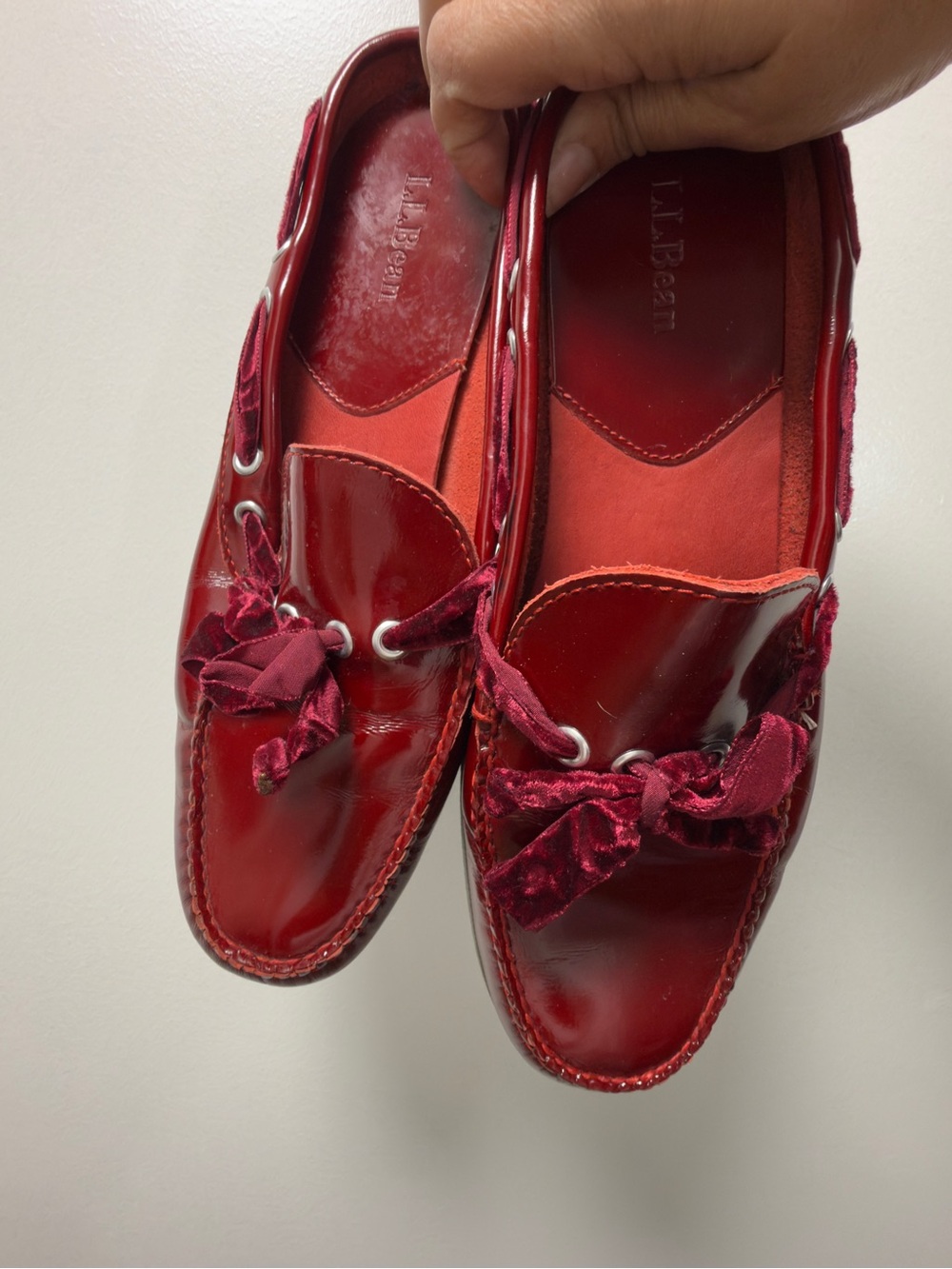L.L. Bean Red Patent Leather Loafers with Velvet Bow